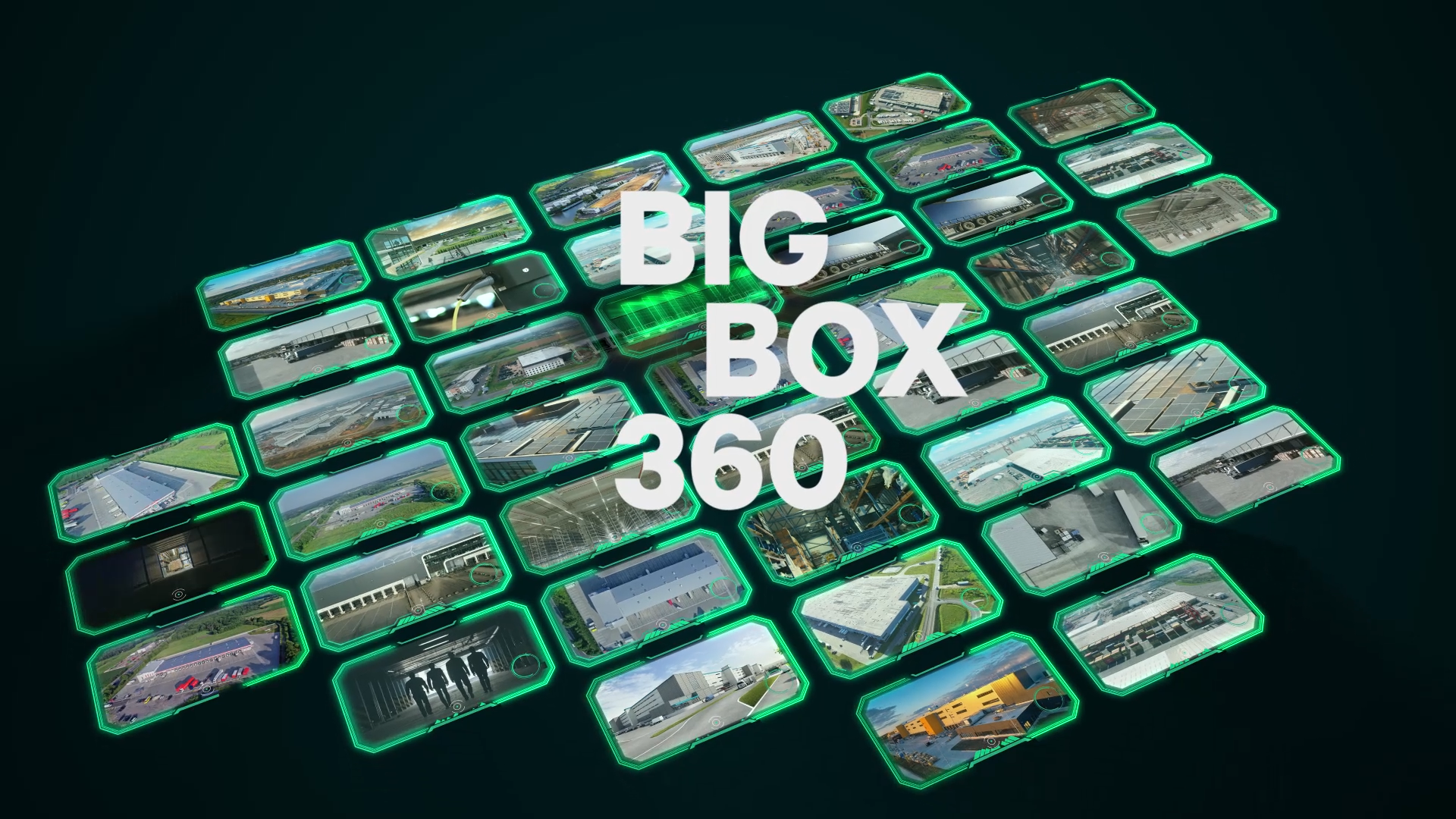 A futuristic digital interface displaying multiple rectangular screens with green neon edges, showcasing aerial and interior views of industrial and logistics buildings. The bold white text 'BIG BOX 360' is prominently placed in the center, emphasizing a comprehensive, immersive perspective on warehouse and logistics spaces.