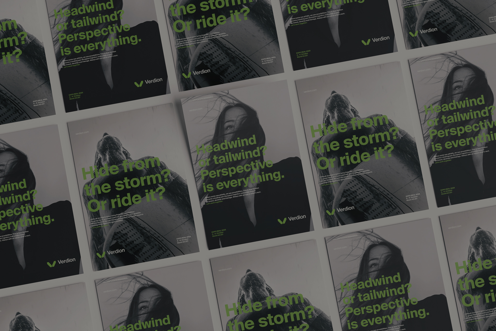 A grid layout of black-and-white Verdion posters, each featuring bold green typography with phrases like 'Headwind or tailwind? Perspective is everything.' and 'Hide from the storm? Or ride it?'. The posters display dynamic images of people braving strong winds and storms, reinforcing the campaign's message of resilience and adaptability. The Verdion logo is consistently placed at the bottom of each design, unifying the branding.
