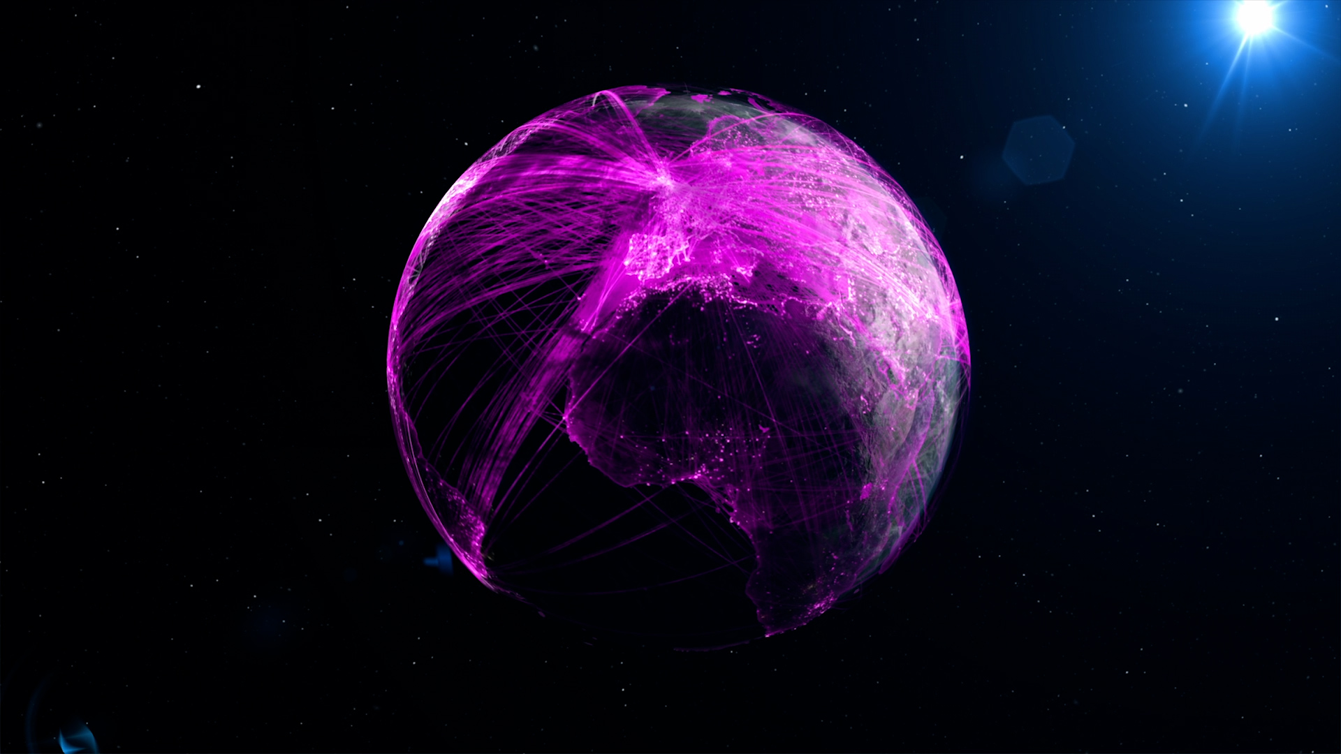 A glowing, magenta-hued digital rendering of Earth viewed from space, with interconnected light trails representing global connections and data flow. A bright light source shines in the distance, enhancing the futuristic aesthetic.